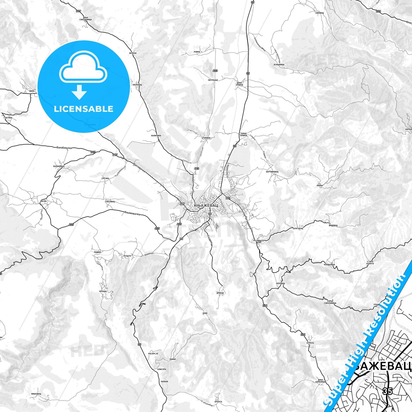 Knjaževac, Serbia light map with streetnames, citynames and districts