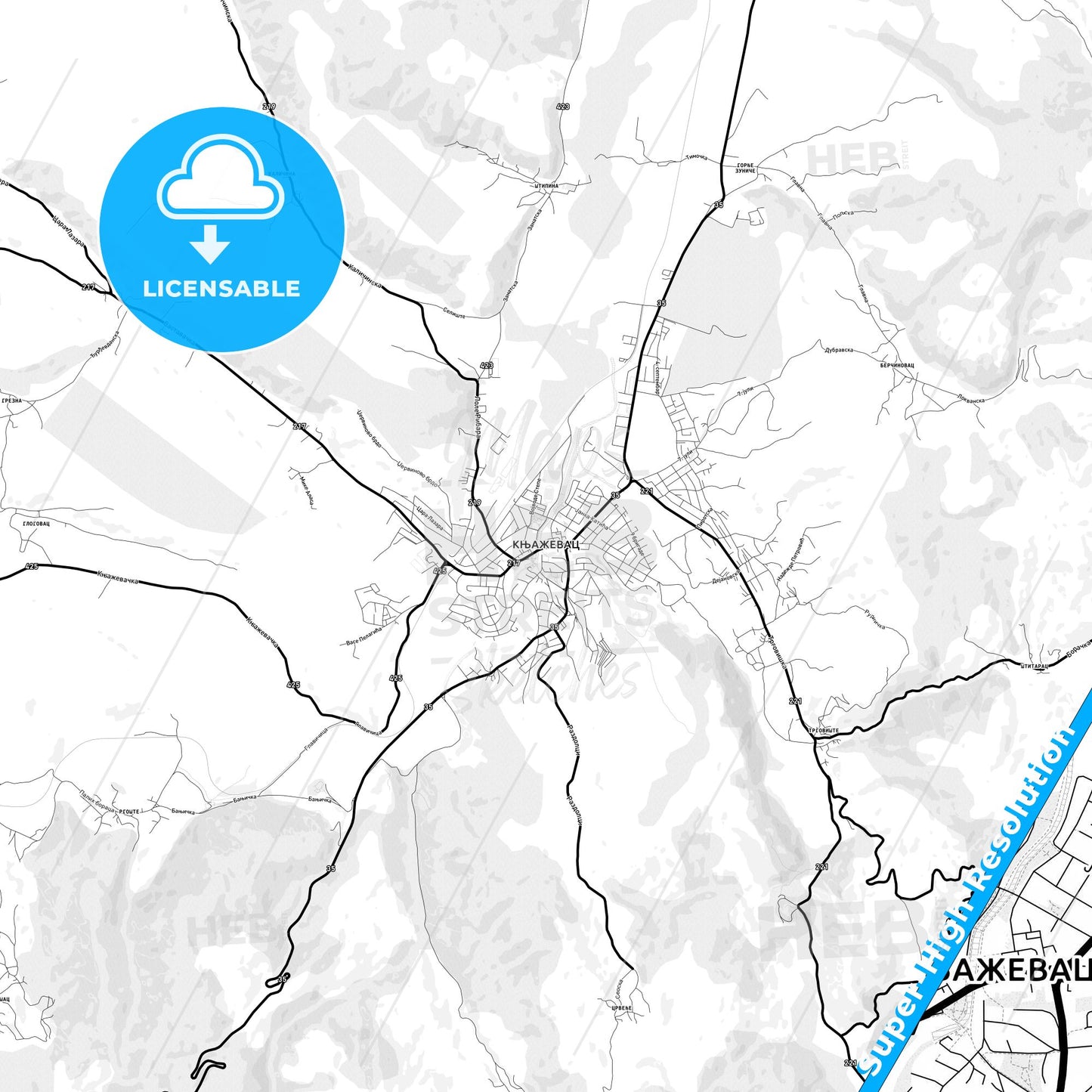 Knjaževac, Serbia Light Map with Street Names, City Names, and Districts