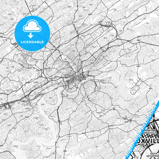 Knoxville, Tennessee light map with streetnames, citynames and districts