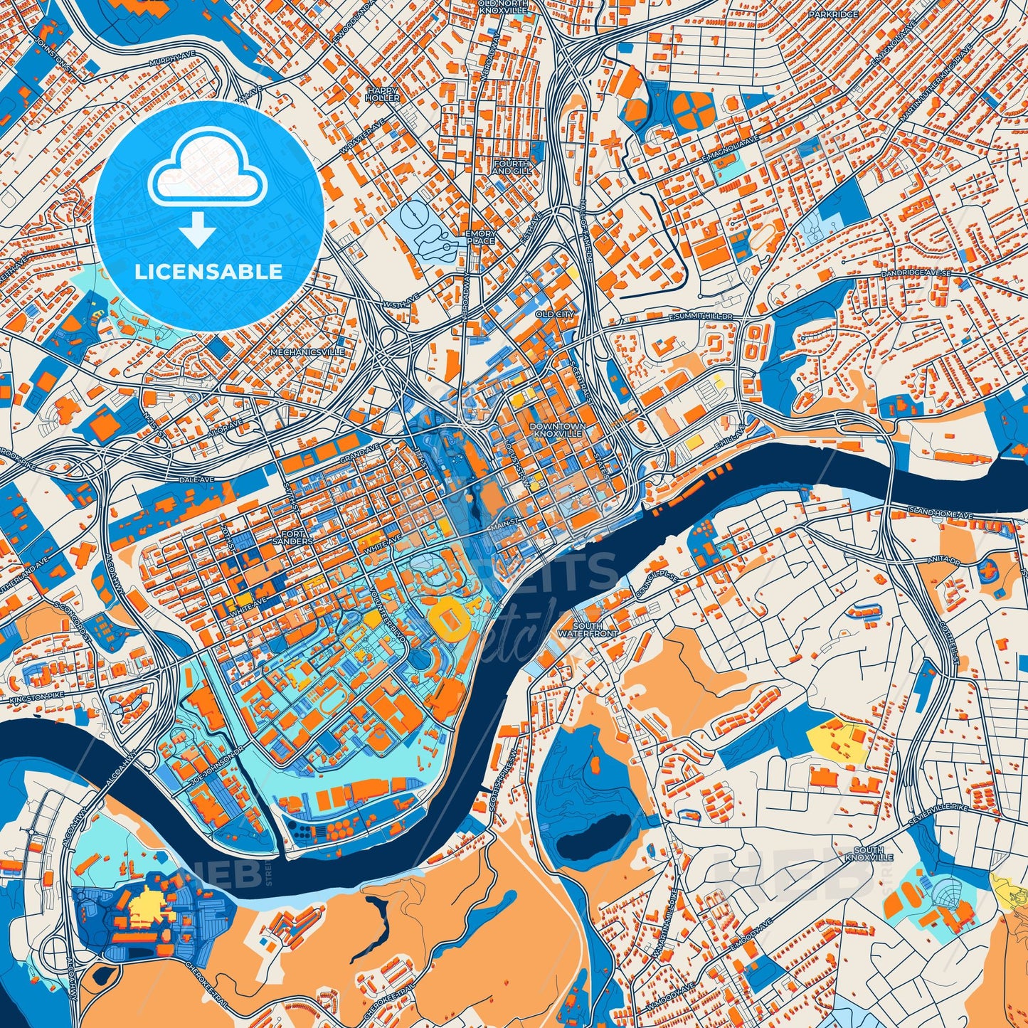 Colorful Knoxville Street Map with Labels and Buildings