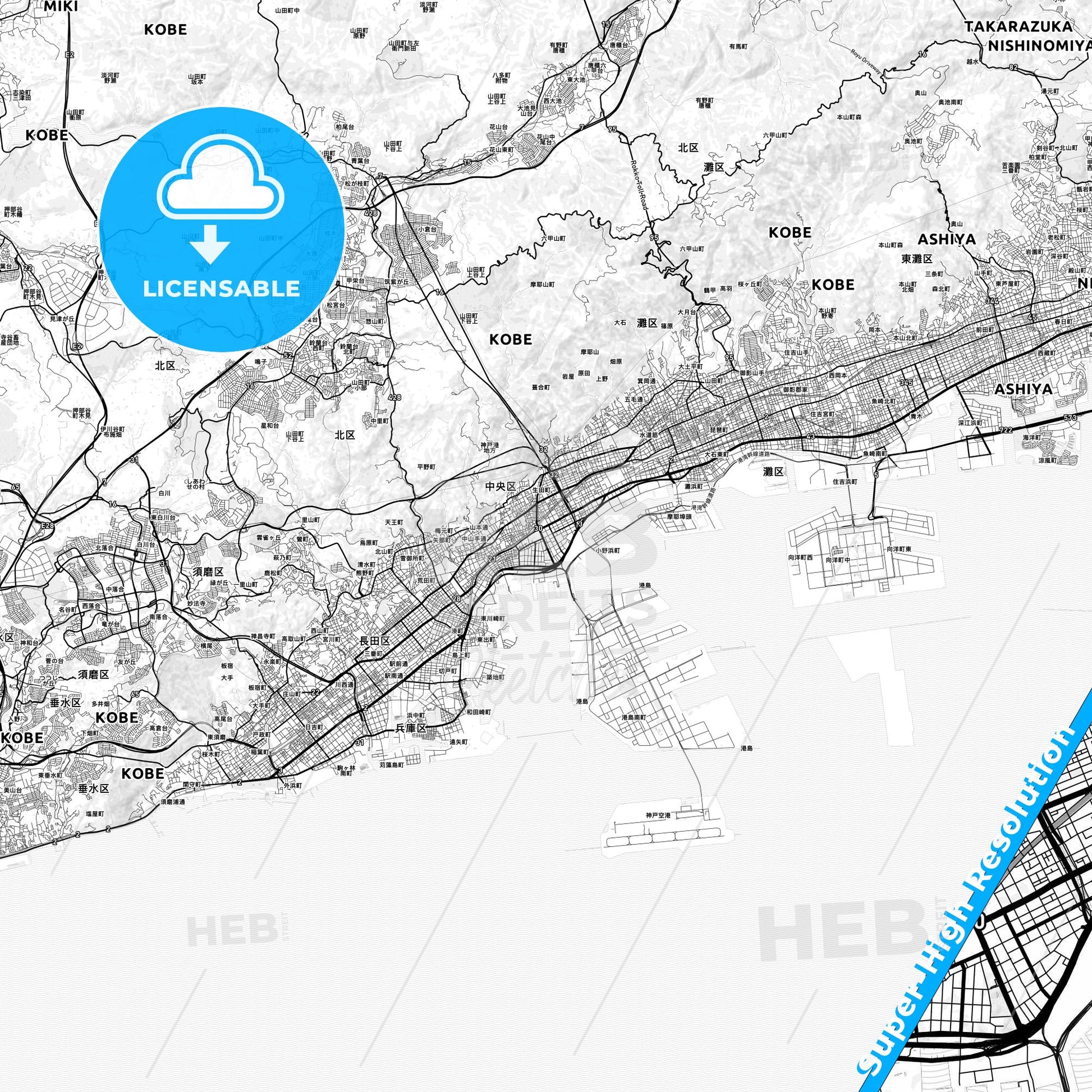 Kobe, Japan light map with streetnames, citynames and districts