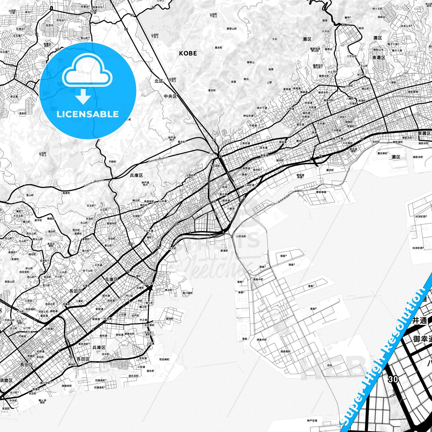 Kobe, Japan Light Map with Street Names, City Names, and Districts