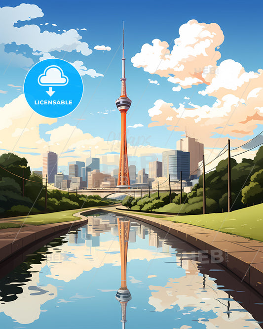 Kobe Skyline Japan - Artistic Cityscape with Canal and Tower