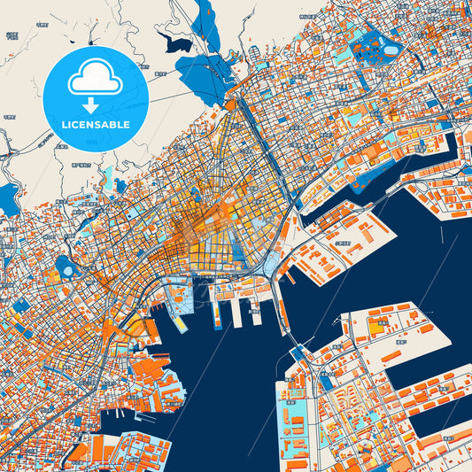 Colorful Kobe Street Map with Labels and Buildings