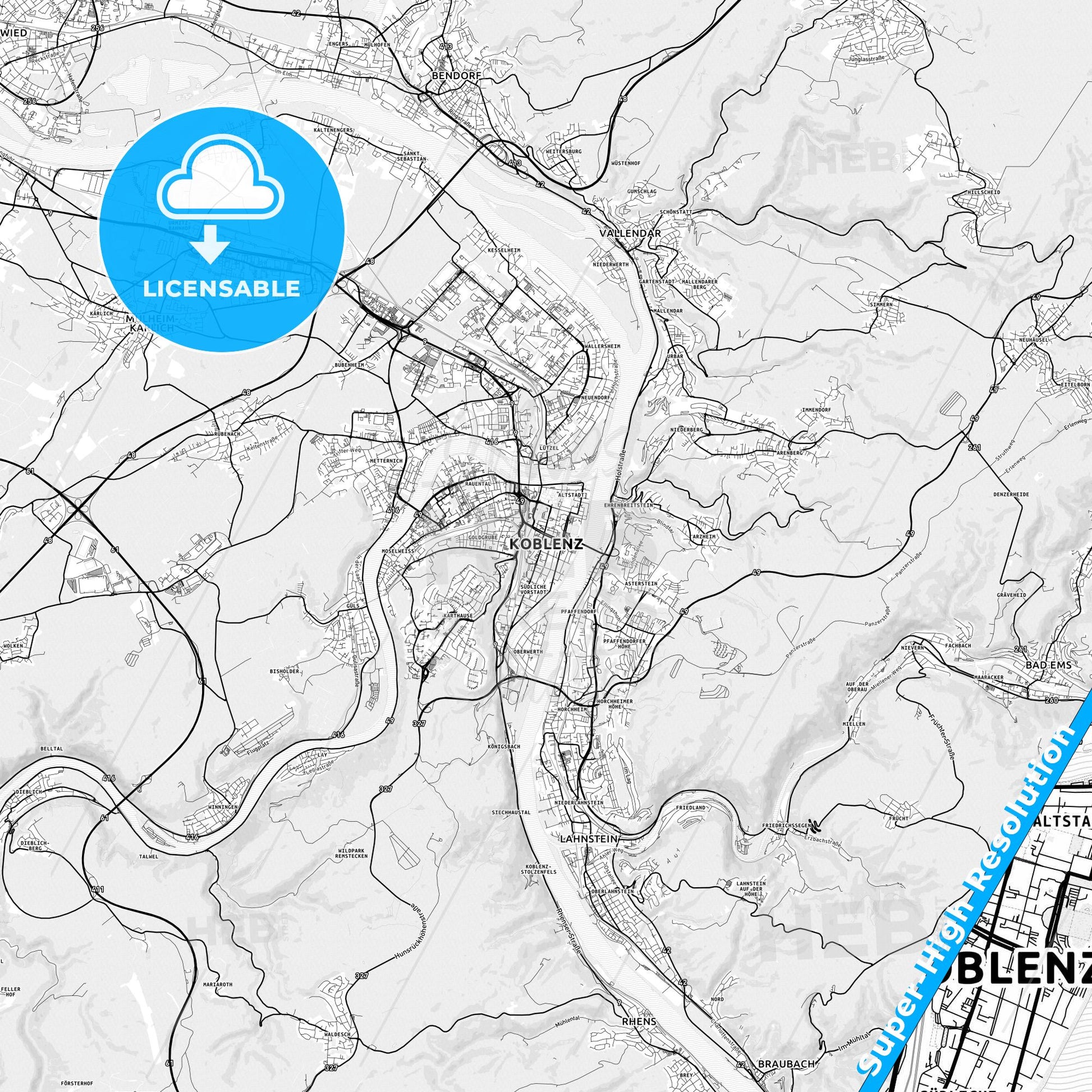 Koblenz, Germany light map with streetnames, citynames and districts