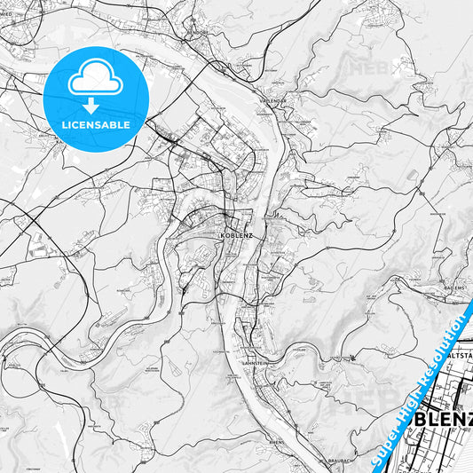 Koblenz, Germany light map with streetnames, citynames and districts