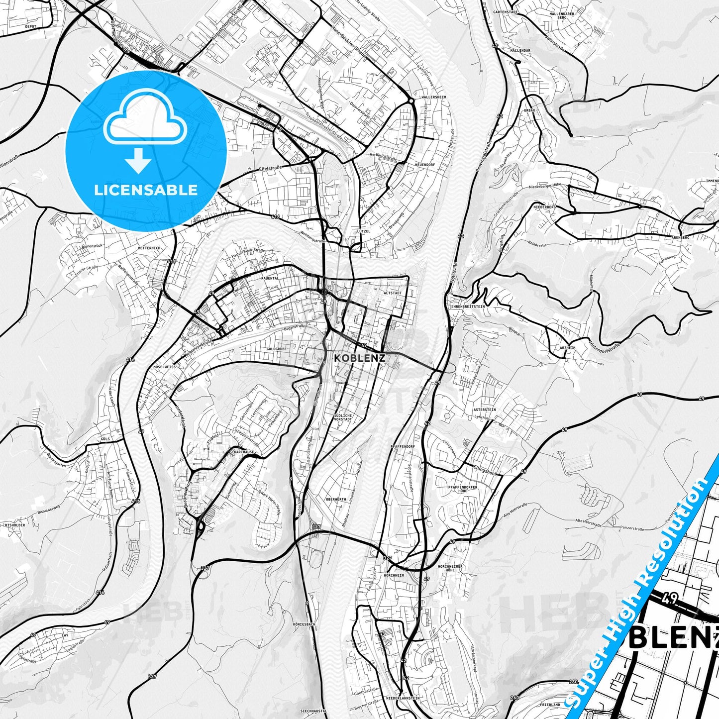 Koblenz, Germany Light Map with Street Names, City Names, and Districts