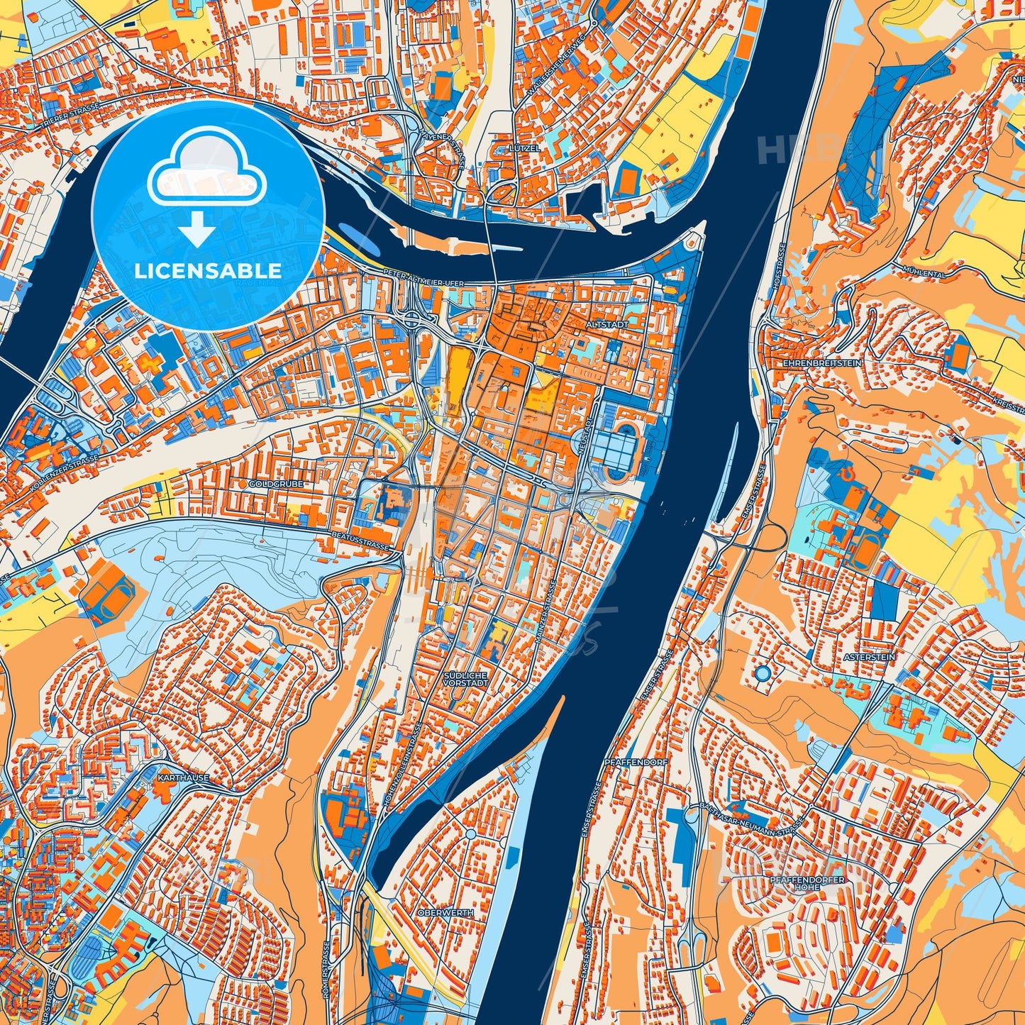 Colorful Koblenz Street Map with Labels and Buildings