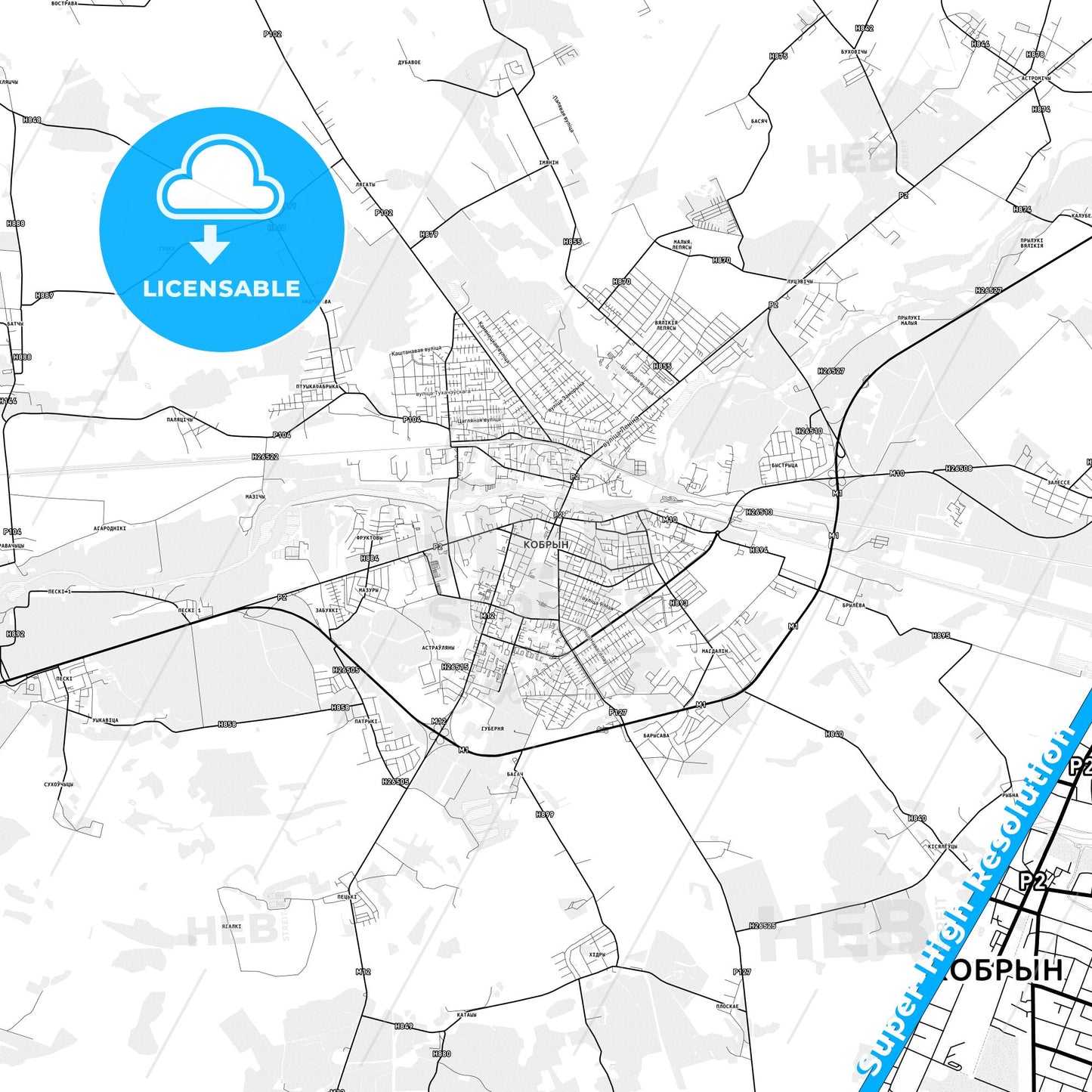 Kobryn, Belarus light map with streetnames, citynames and districts