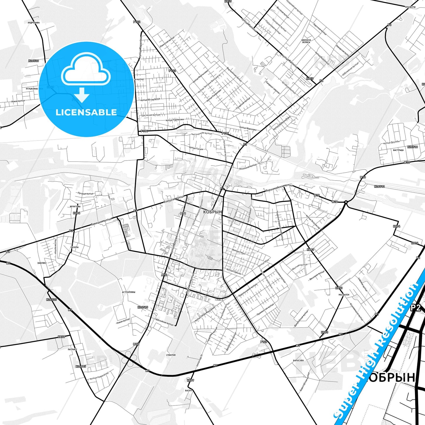 Kobryn, Belarus Light Map with Street Names, City Names, and Districts