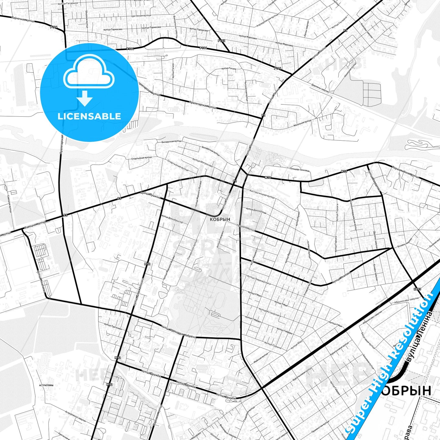 Kobryn, Belarus Light Map with Street Names, City Names, and Districts