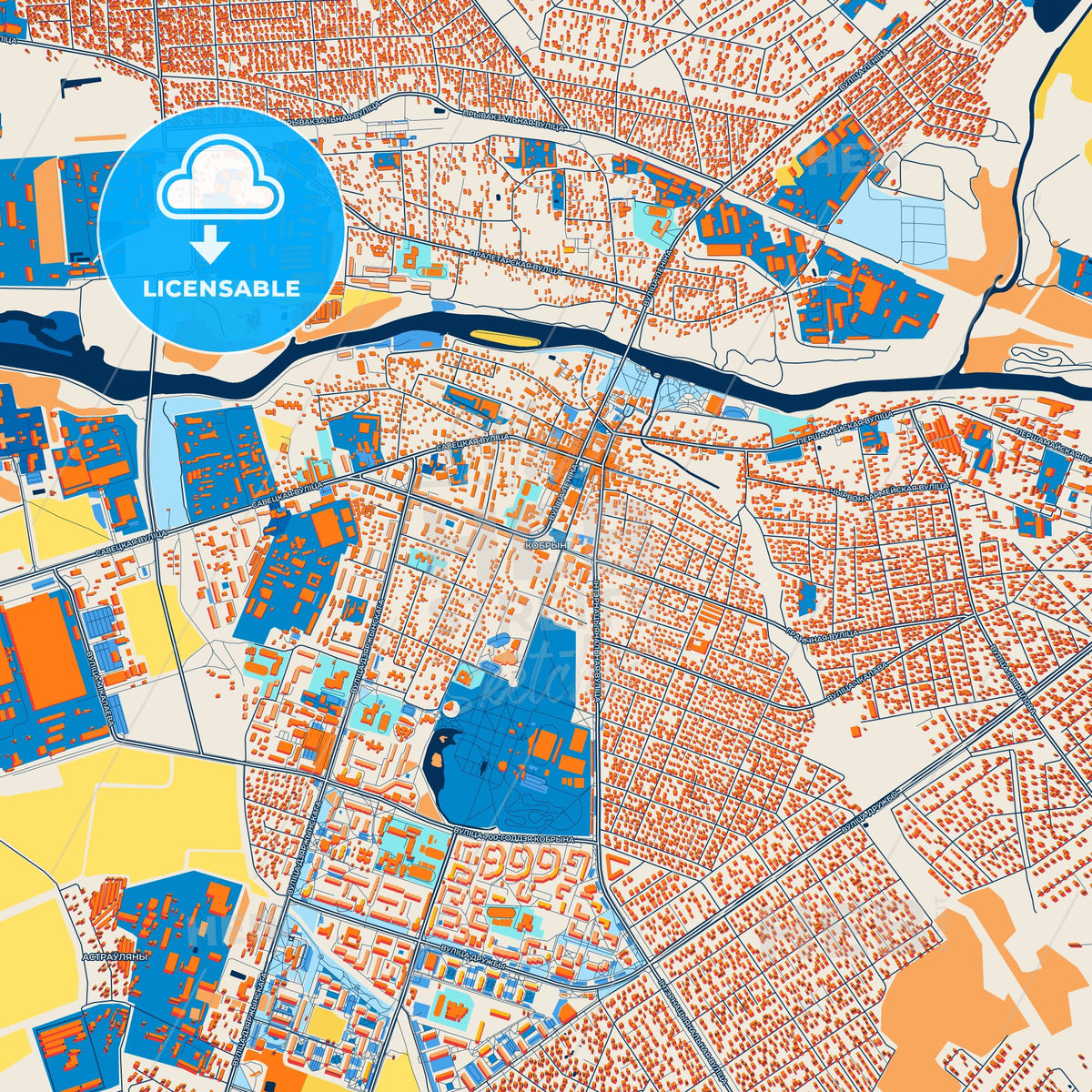 Colorful Kobryn Street Map with Labels and Buildings
