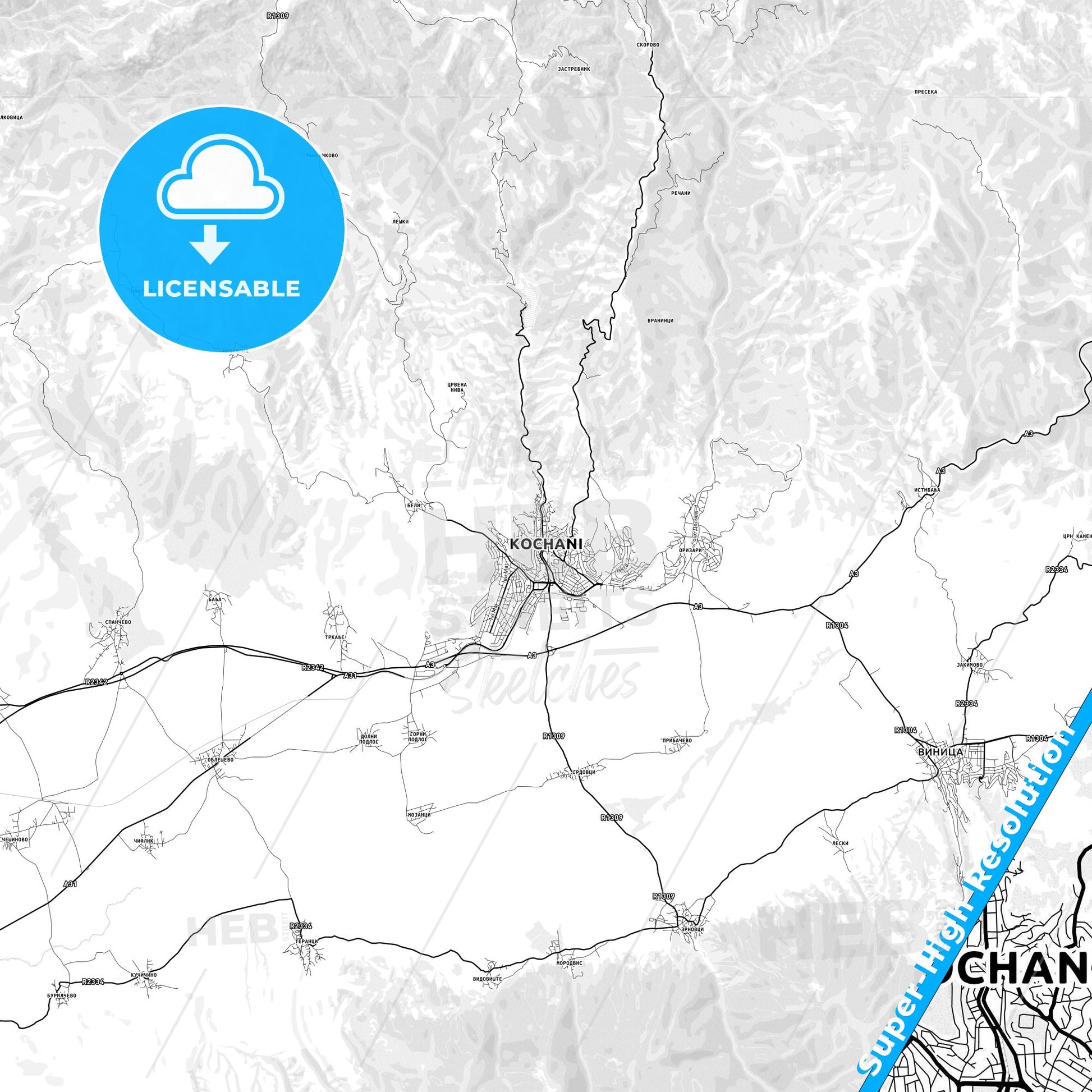 Kočani, North Macedonia light map with streetnames, citynames and districts