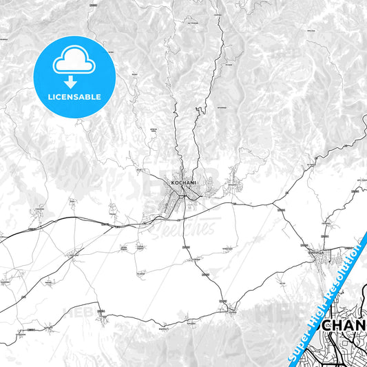 Kočani, North Macedonia light map with streetnames, citynames and districts