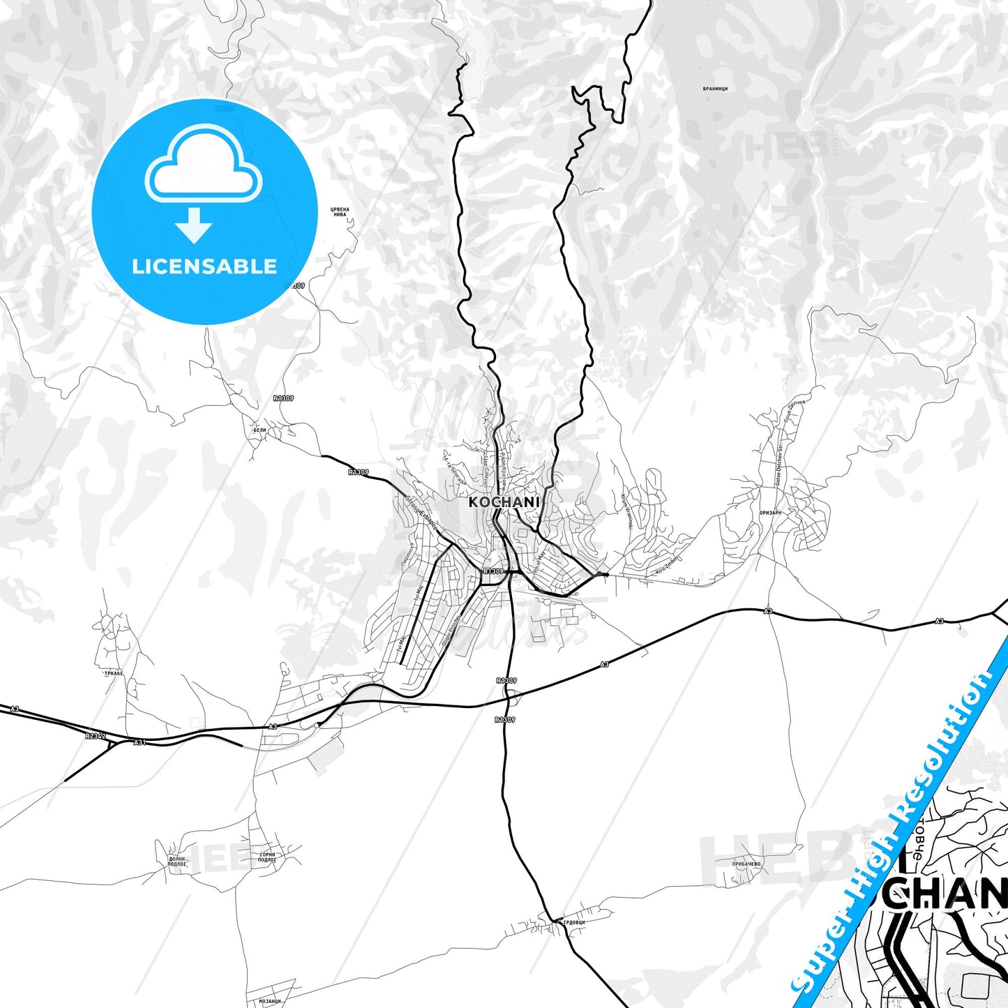Kočani, North Macedonia Light Map with Street Names, City Names, and Districts