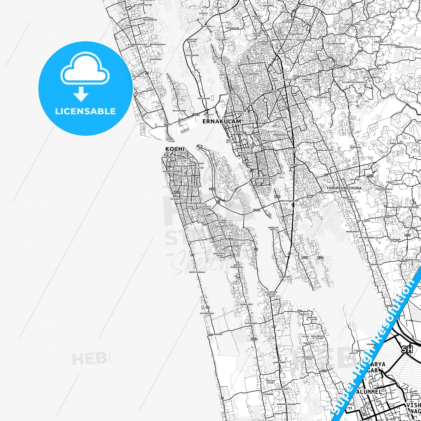 Kochi, India light map with streetnames, citynames and districts