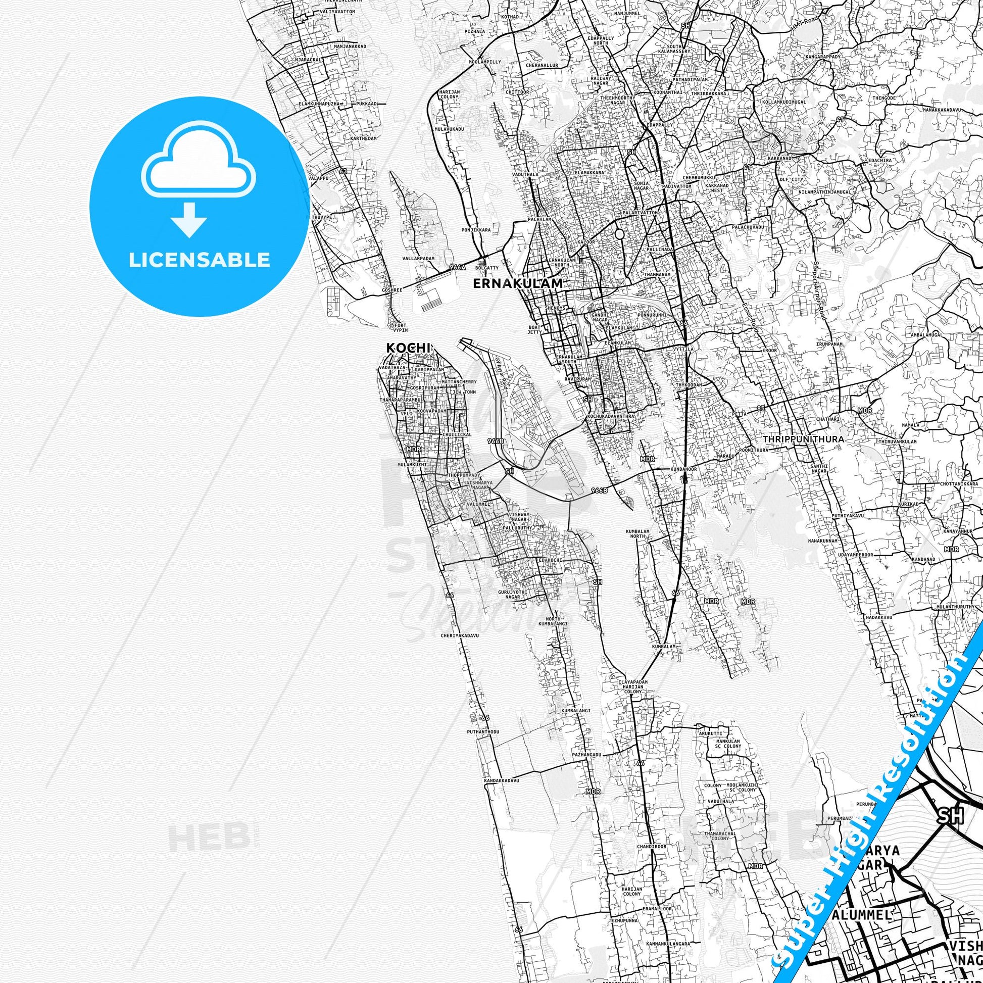 Kochi, India light map with streetnames, citynames and districts