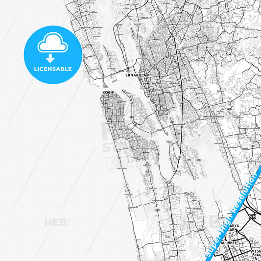 Kochi, India light map with streetnames, citynames and districts