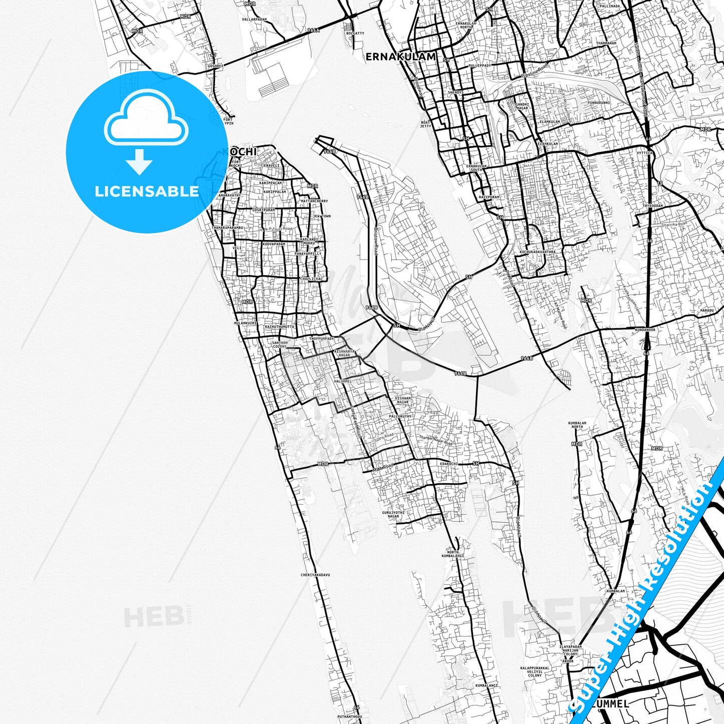Kochi, India Light Map with Street Names, City Names, and Districts