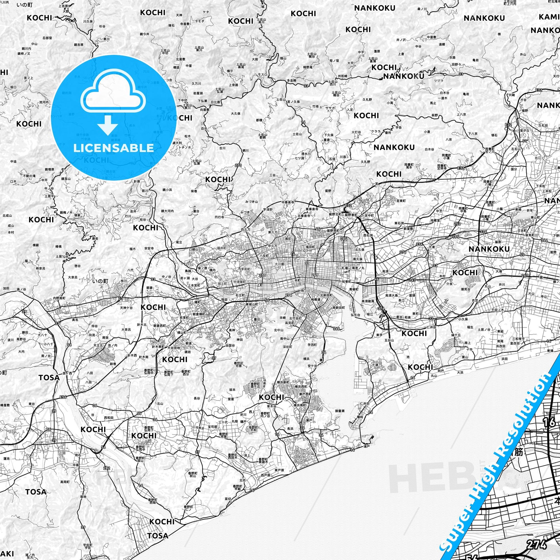 Kōchi, Japan light map with streetnames, citynames and districts