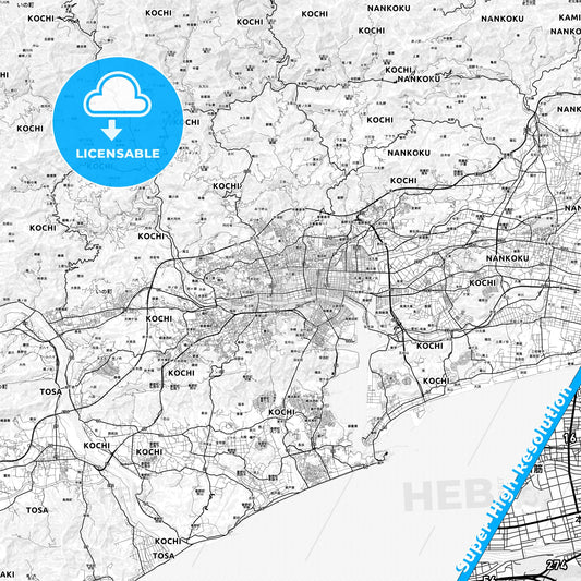 Kōchi, Japan light map with streetnames, citynames and districts