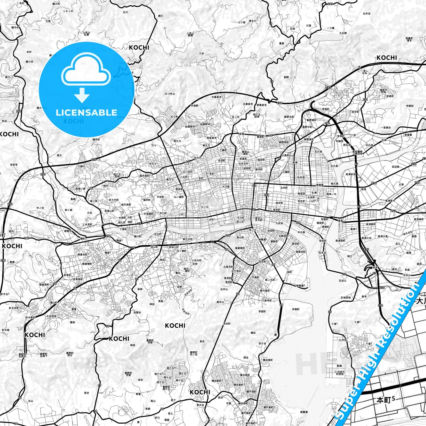 Kōchi, Japan Light Map with Street Names, City Names, and Districts