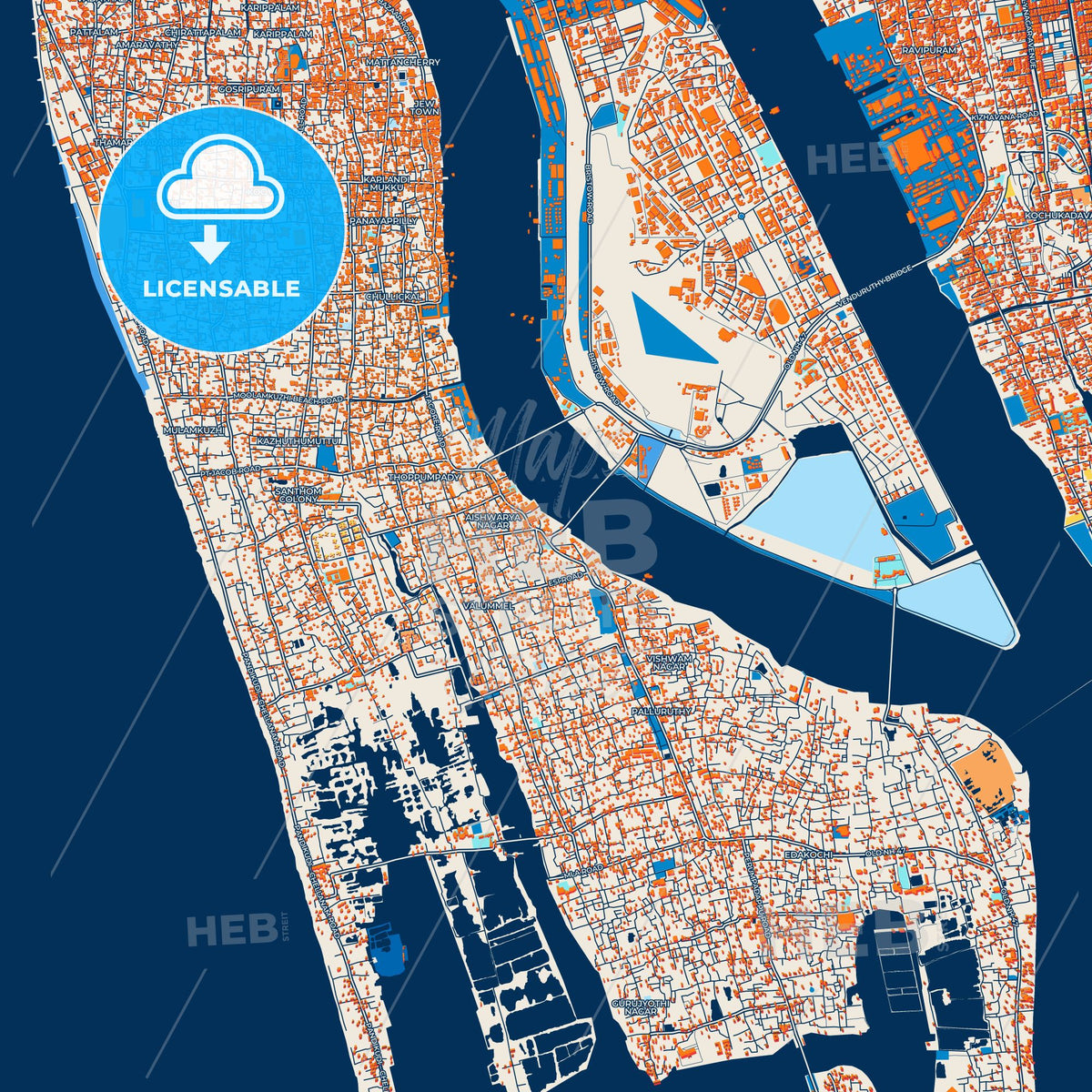 Colorful Kochi Street Map with Labels and Buildings