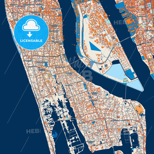 Colorful Kochi Street Map with Labels and Buildings