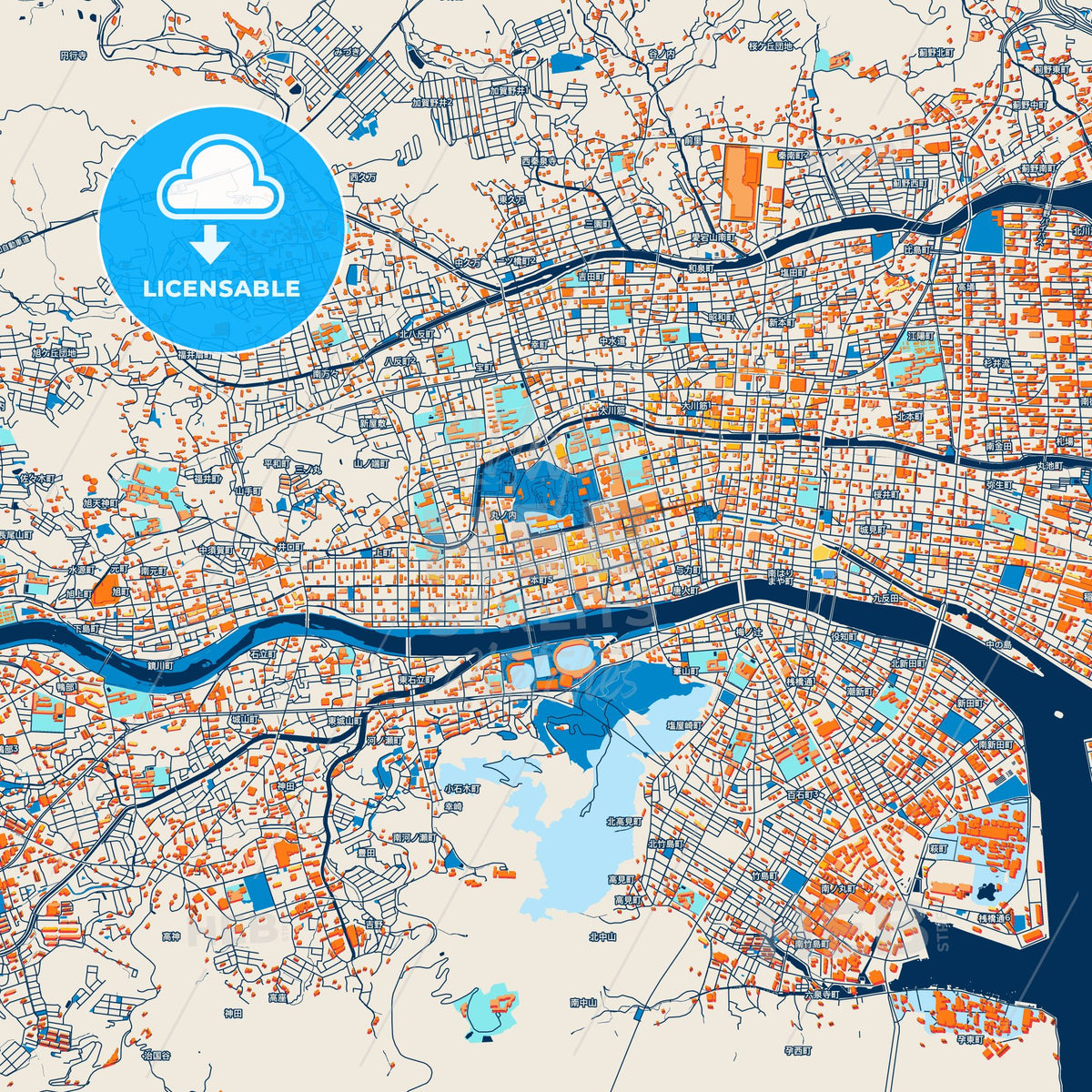 Colorful Kōchi Street Map with Labels and Buildings