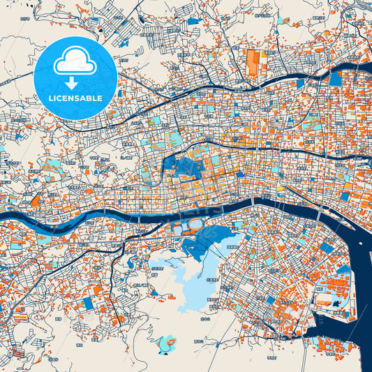 Colorful Kōchi Street Map with Labels and Buildings