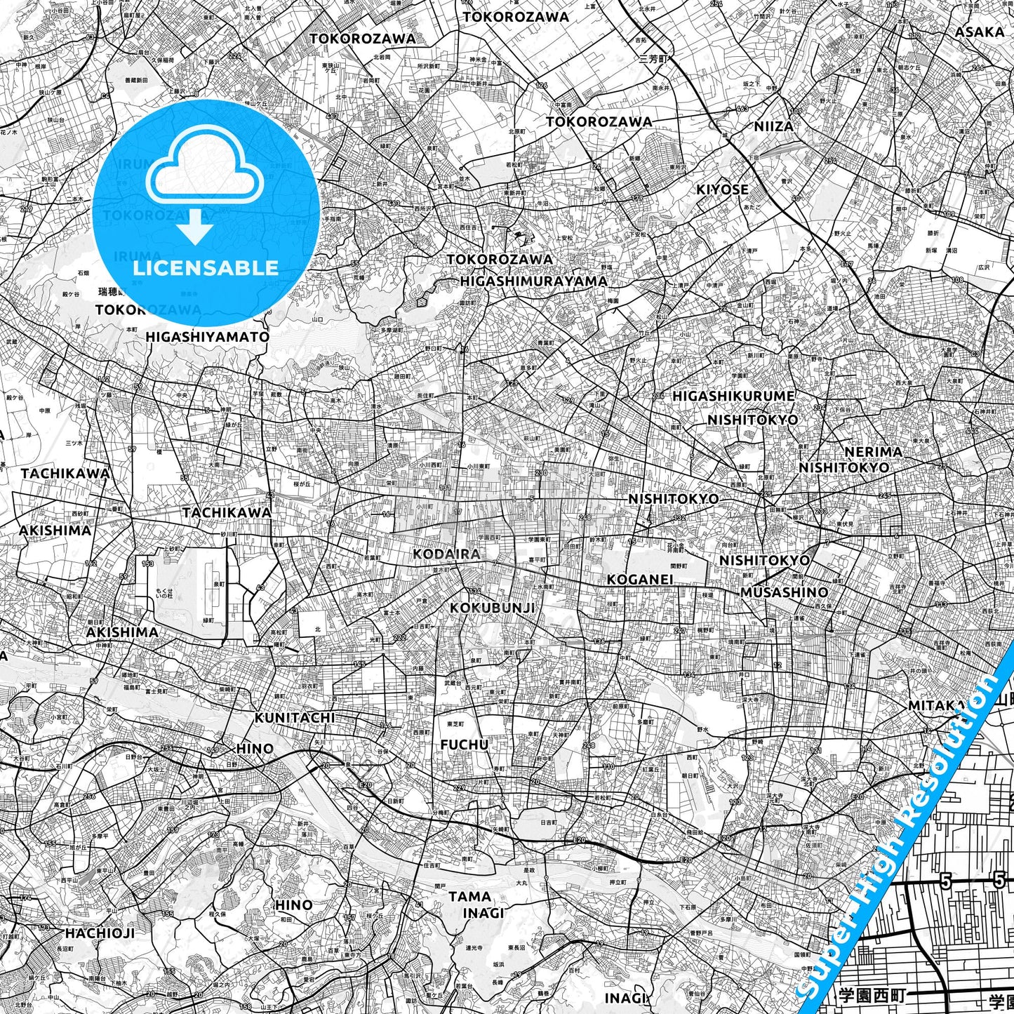 Kodaira, Japan light map with streetnames, citynames and districts