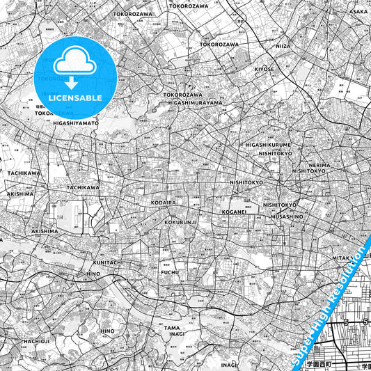 Kodaira, Japan light map with streetnames, citynames and districts