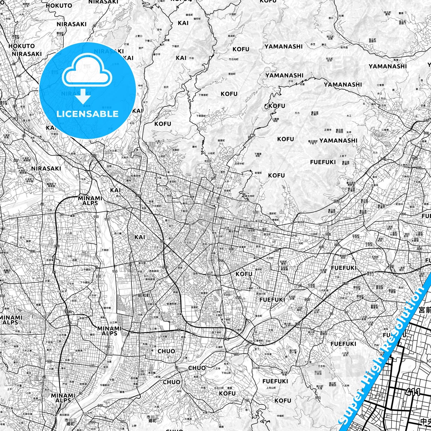 Kōfu, Japan light map with streetnames, citynames and districts
