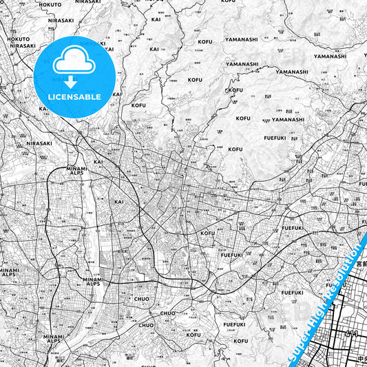 Kōfu, Japan light map with streetnames, citynames and districts