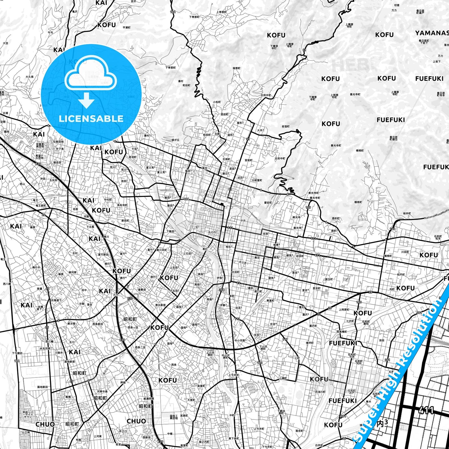 Kōfu, Japan Light Map with Street Names, City Names, and Districts