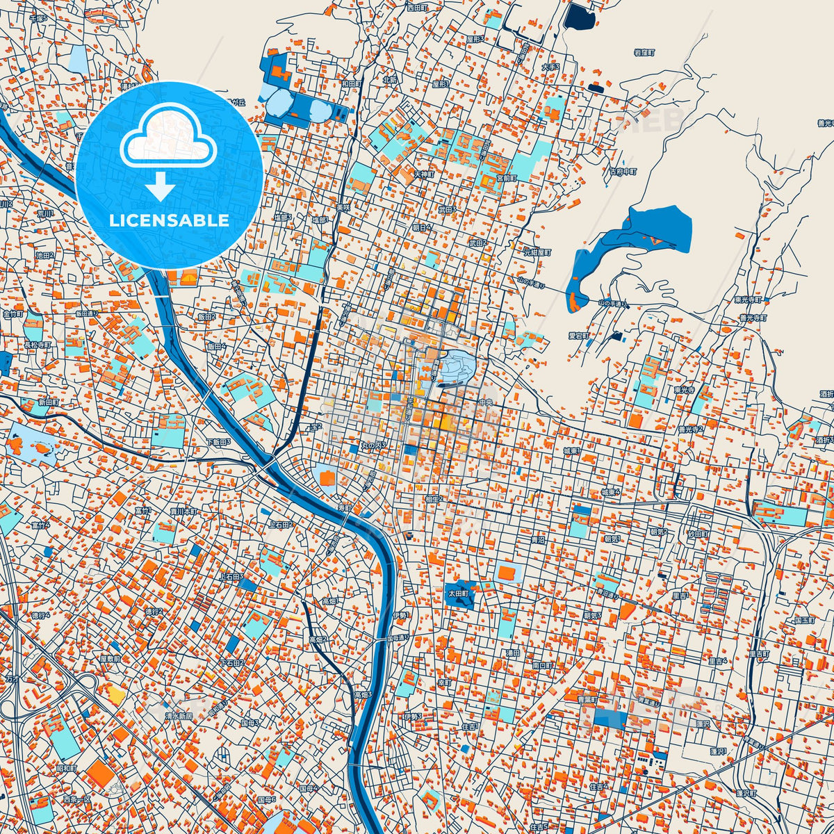 Colorful Kōfu Street Map with Labels and Buildings