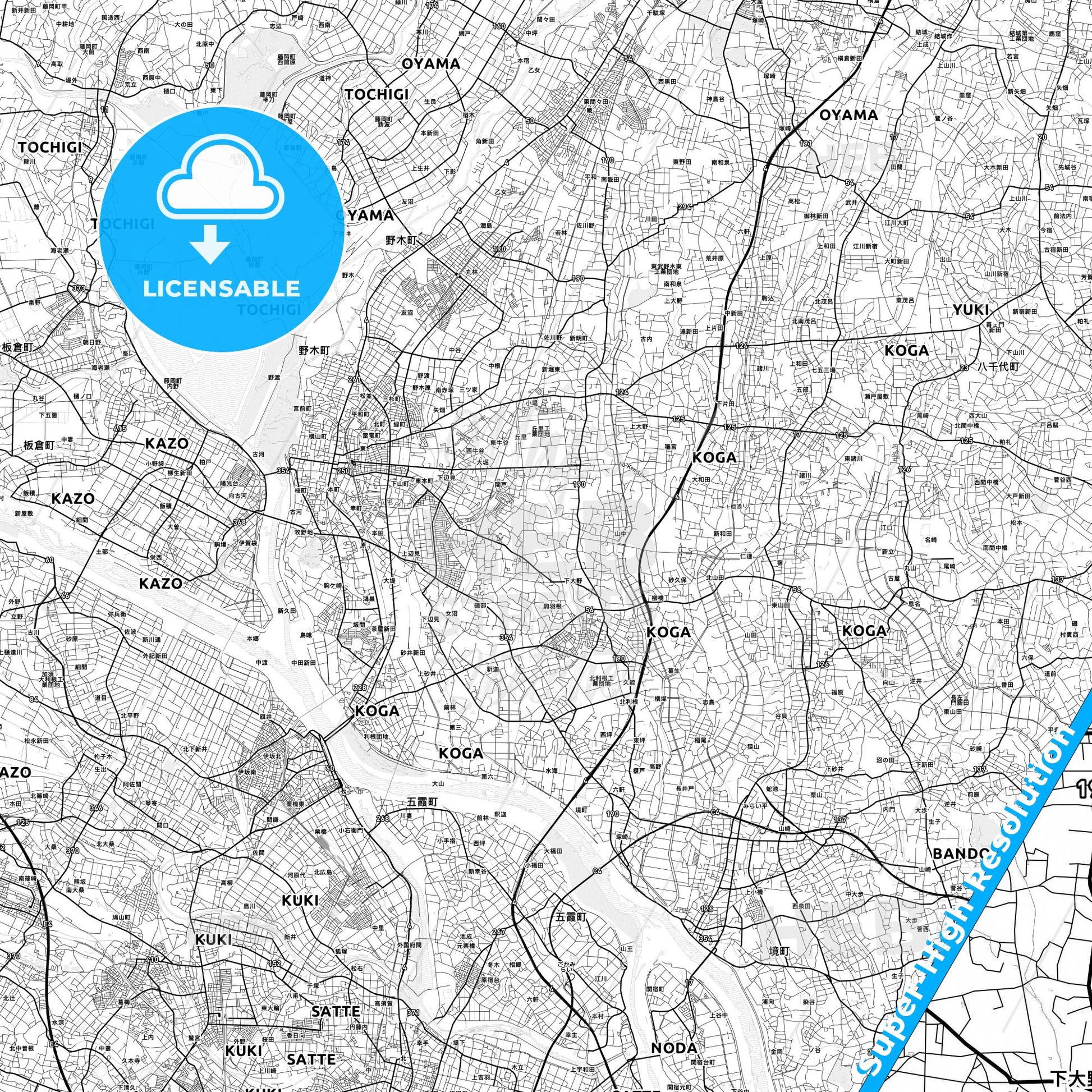 Koga, Japan light map with streetnames, citynames and districts