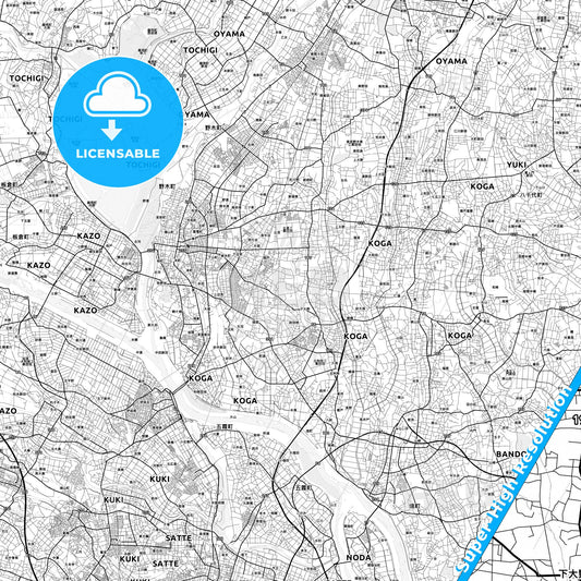 Koga, Japan light map with streetnames, citynames and districts