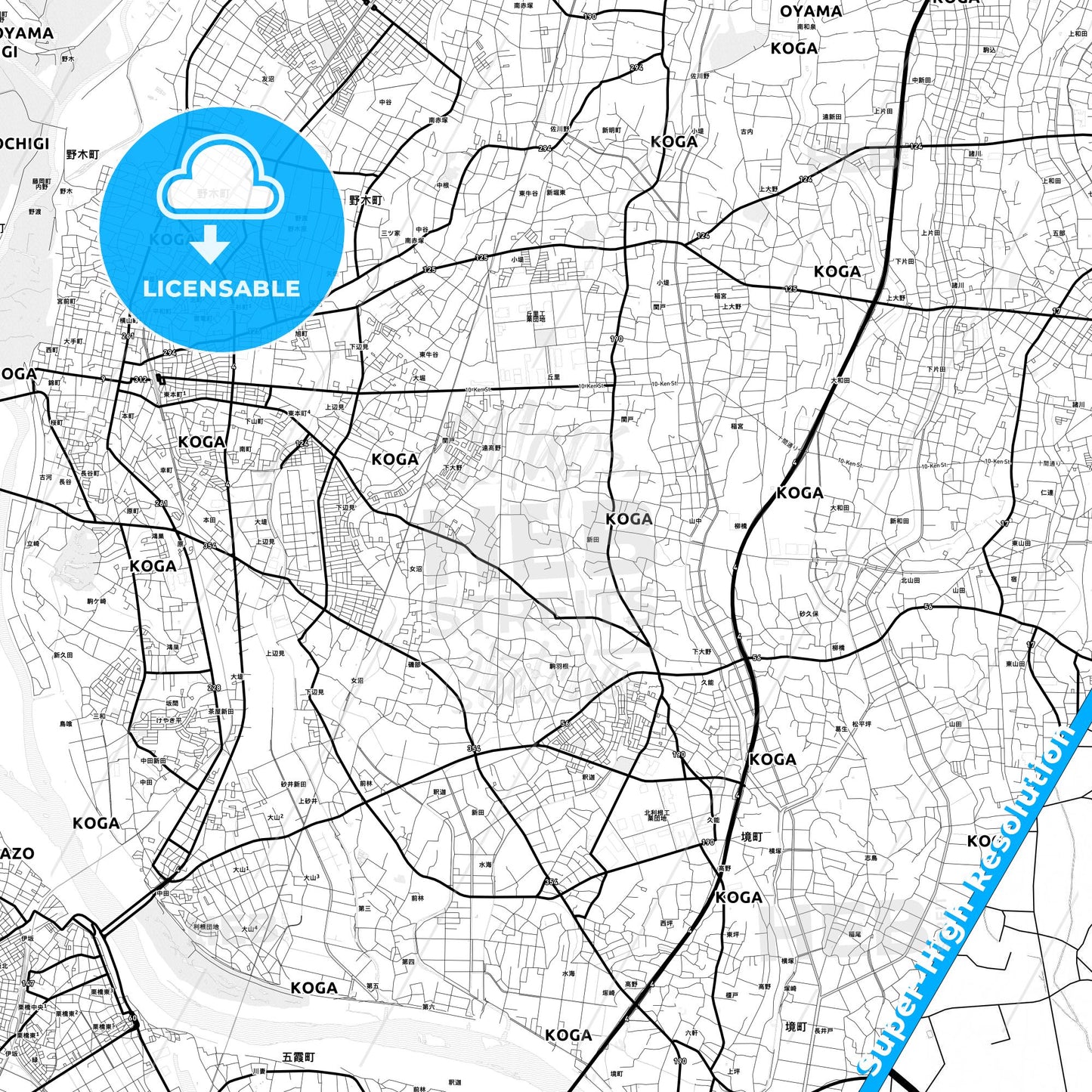 Koga, Japan Light Map with Street Names, City Names, and Districts