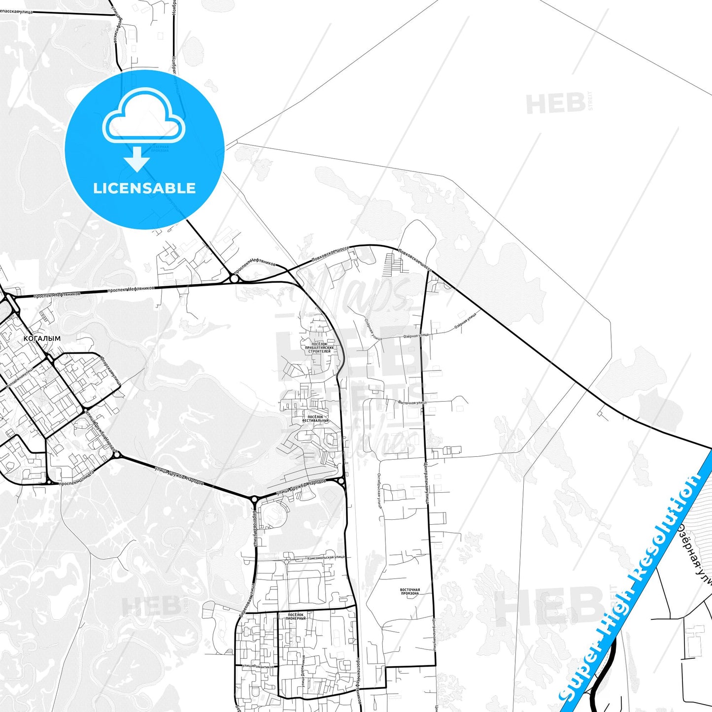 Kogalym, Russia Light Map with Street Names, City Names, and Districts
