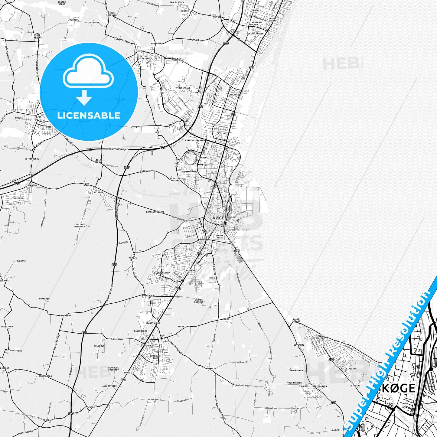 Køge, Denmark light map with streetnames, citynames and districts