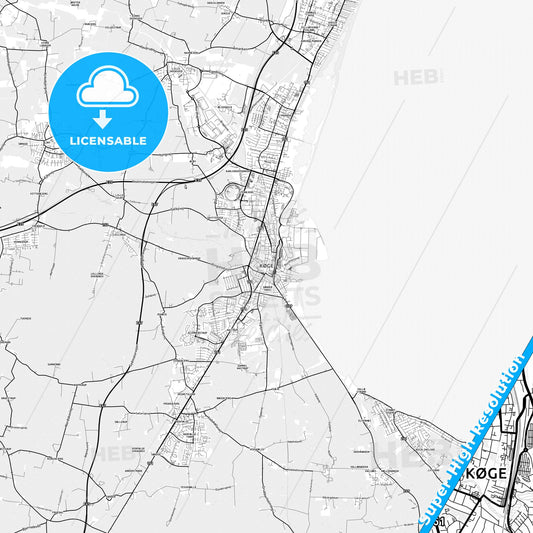 Køge, Denmark light map with streetnames, citynames and districts