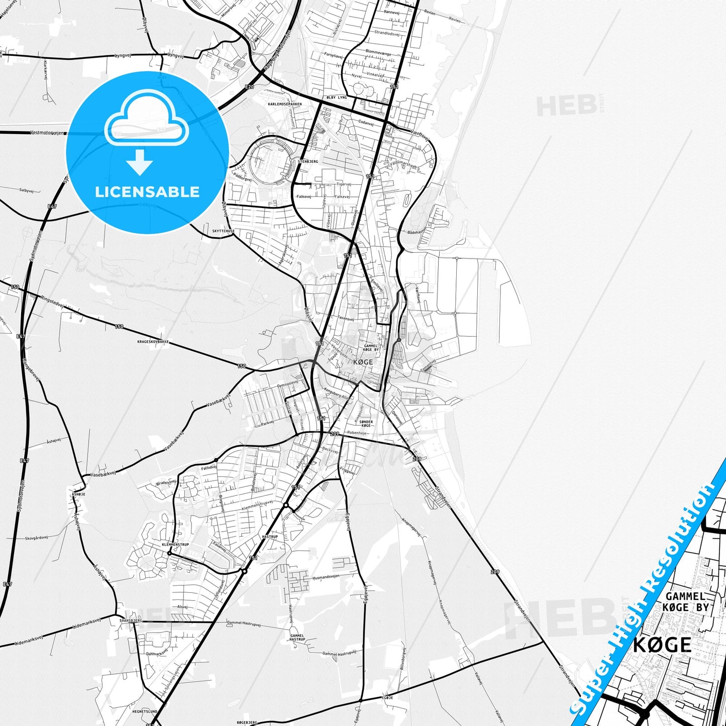 Køge, Denmark Light Map with Street Names, City Names, and Districts