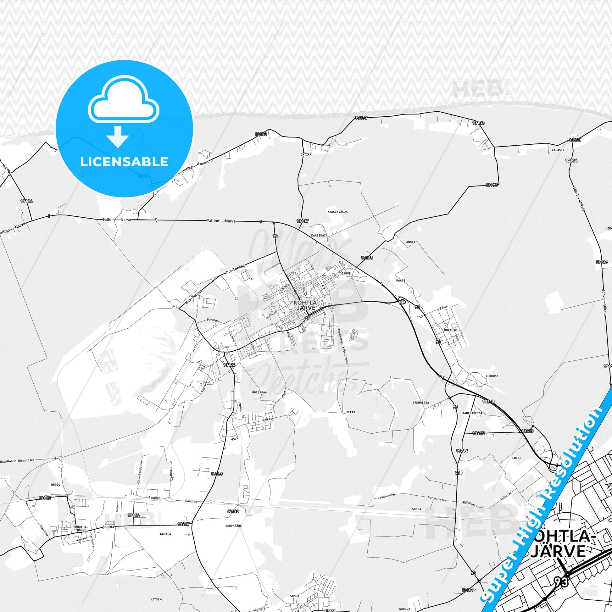 Kohtla-Järve, Estonia light map with streetnames, citynames and districts