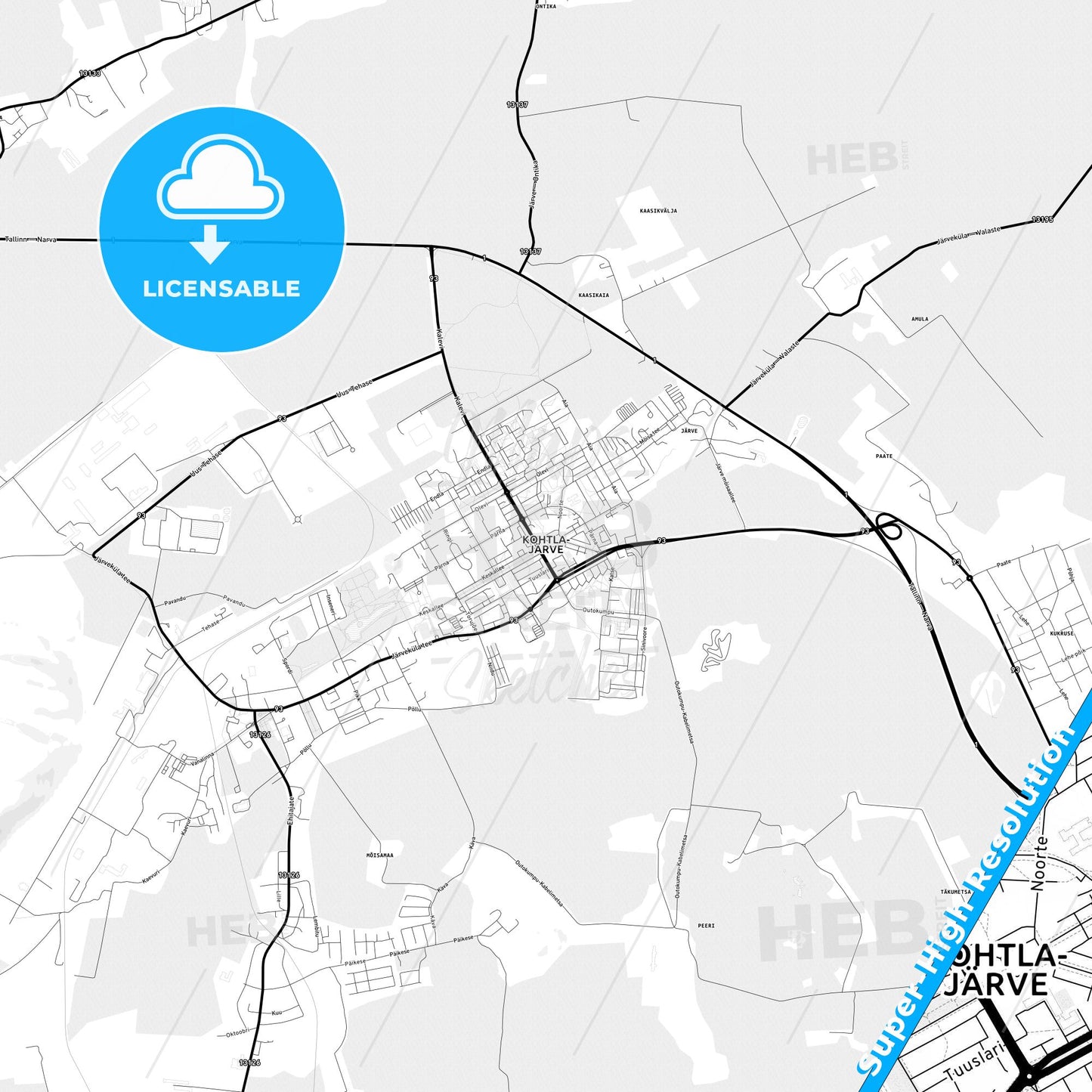 Kohtla-Järve, Estonia Light Map with Street Names, City Names, and Districts