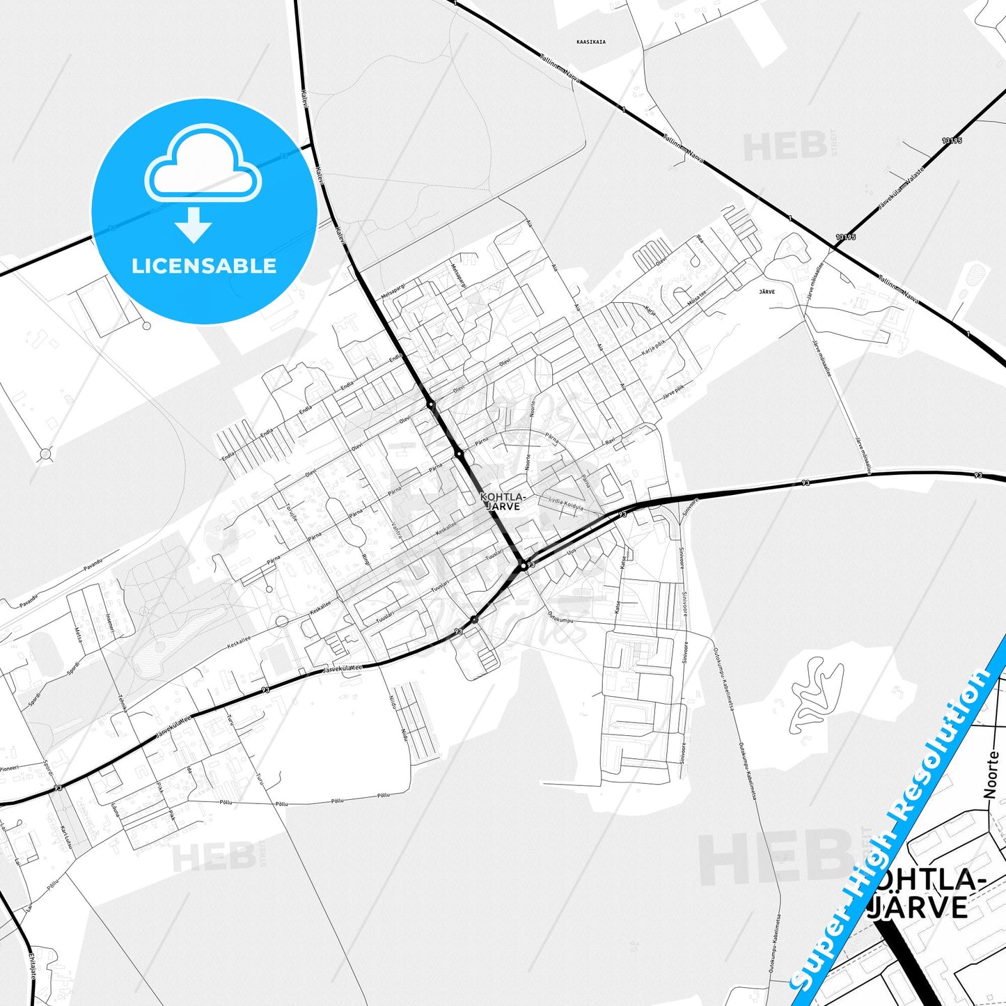 Kohtla-Järve, Estonia Light Map with Street Names, City Names, and Districts