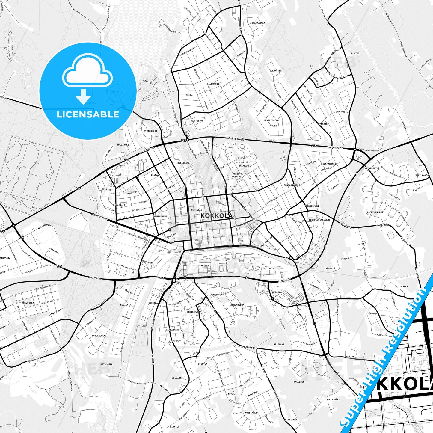 Kokkola, Finland Light Map with Street Names, City Names, and Districts