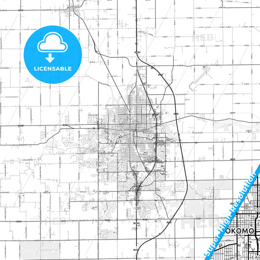 Kokomo, Indiana light map with streetnames, citynames and districts