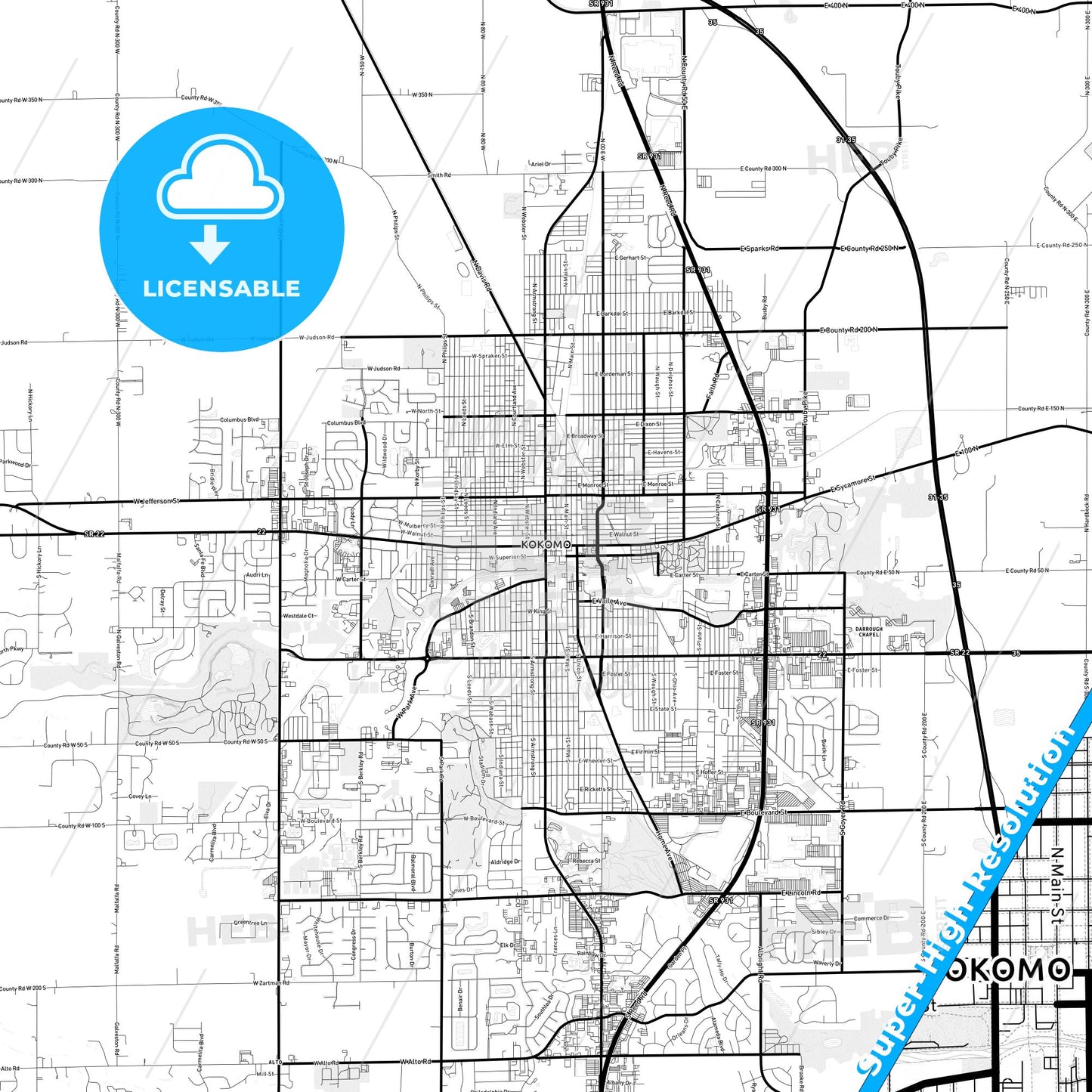 Kokomo, Indiana Light Map with Street Names, City Names, and Districts