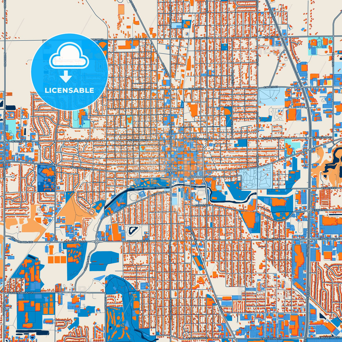 Colorful Kokomo Street Map with Labels and Buildings